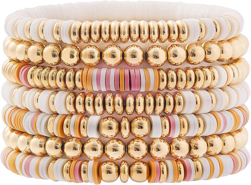 GOOJIDS Surfer Heishi Clay Bead Bracelets for Women Bohemian Stackable Gold Plated Beaded Stretch Bracelets Elastic Layering Friendship Bracelets Set Boho Jewelry - Image 1